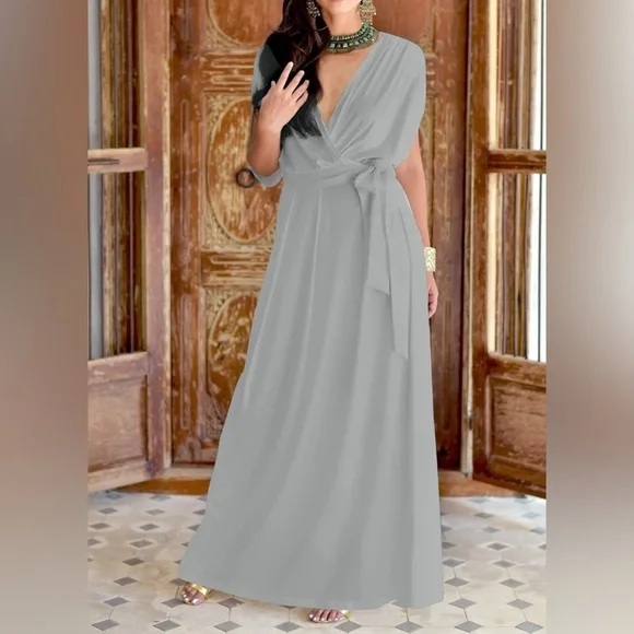 👗 NWT Women’s Long Semi-Formal Short Sleeve V-Neck Floor Length Maxi Dress.KOH - Picture 3 of 12